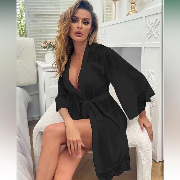 Womens Lingerie Robe Lace Kimono Robe Sexy Bathrobe Babydoll Nightgown Large - Picture 4 of 6